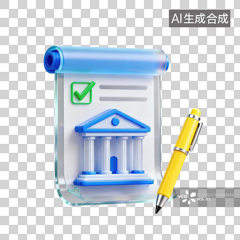 【AI数字艺术】3D磨砂玻璃材质金融理财主题银行文件签署政府法令签字笔对勾元素图片素材