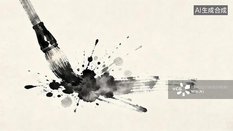 【AI数字艺术】水墨画  一支毛笔挥洒出墨水汁的背景   一支毛笔在白纸上作画图片素材