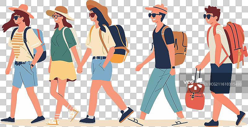 五位游客并排携物行走图片素材