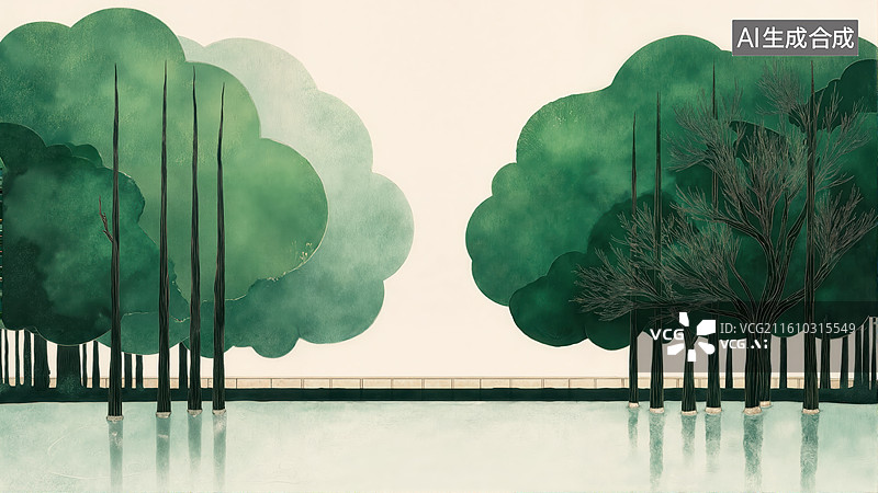 【AI数字艺术】湖畔林影图片素材