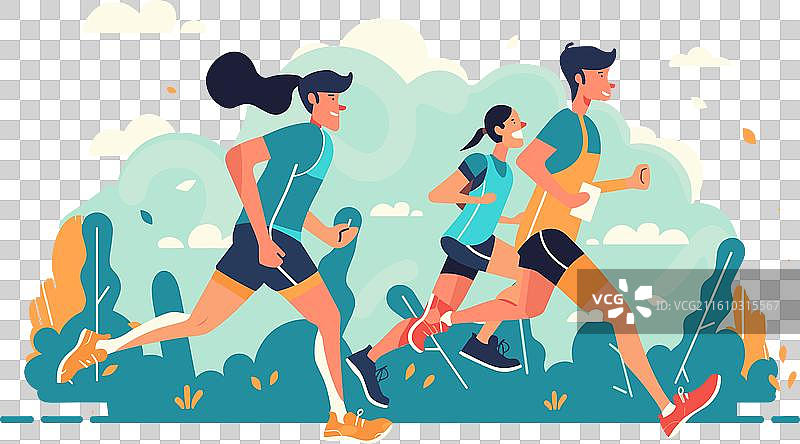 三个人在户外慢跑，动感十足图片素材