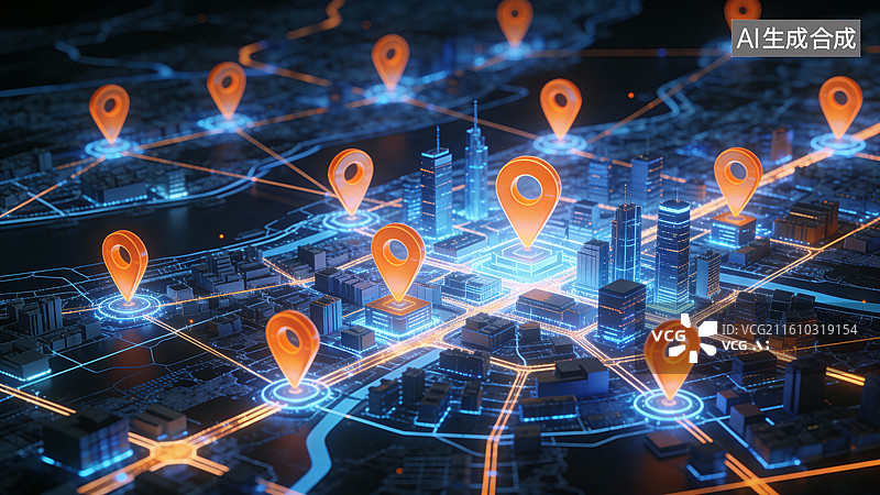 【AI数字艺术】数字城市地图与定位标记图片素材