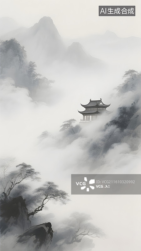 【AI数字艺术】中国风极简深林清晨云雾朦胧画图片素材