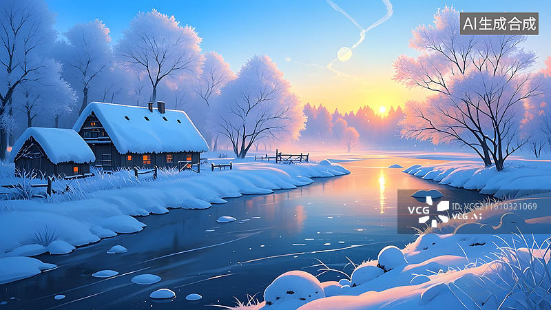 【AI数字艺术】雪景木屋山水风光,河流,雪景图片素材
