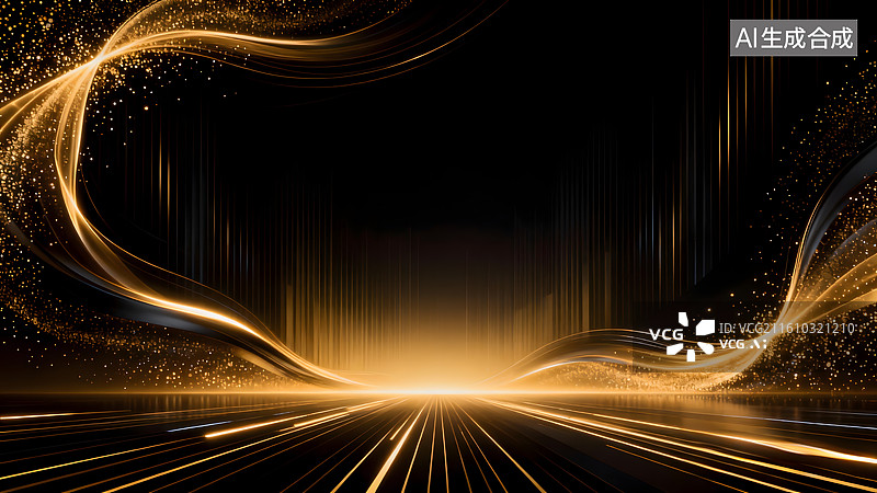 【AI数字艺术】未来科技感金色流动光线黑色KV背景图片素材