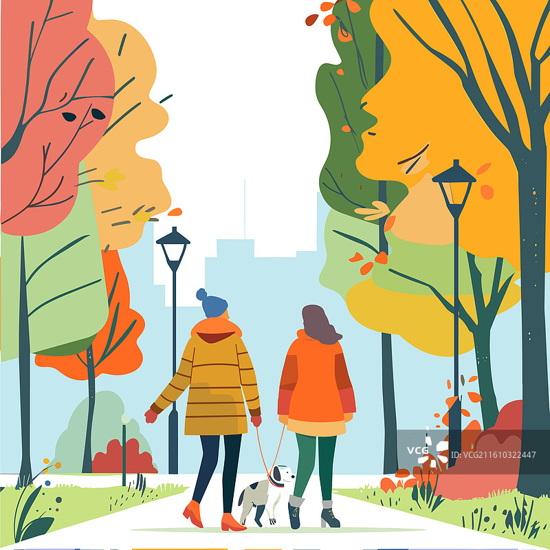 秋日色彩斑斓的城市公园里，女士们带着狗散步图片素材