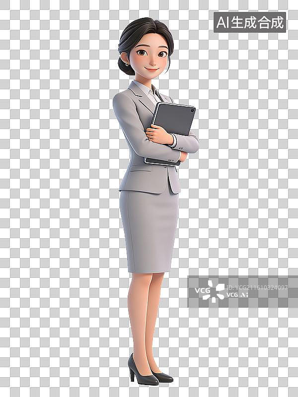 【AI数字艺术】一位穿着灰色职业套装的女性手持平板电脑，面带微笑站立图片素材