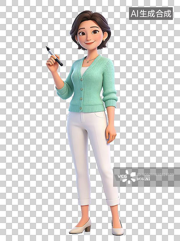 【AI数字艺术】一位穿着薄荷绿开衫和白色裤子的卡通女性手持笔微笑站立图片素材