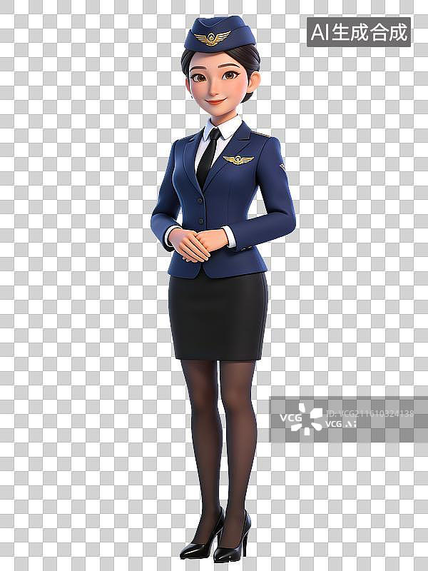 【AI数字艺术】一位穿着深蓝色制服和黑色高跟鞋的空姐，双手交叉站立，面带微笑图片素材
