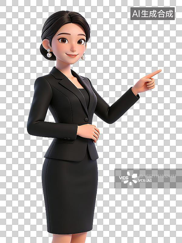 【AI数字艺术】一位穿着黑色职业装的女性角色，面带微笑，手指指向前方图片素材