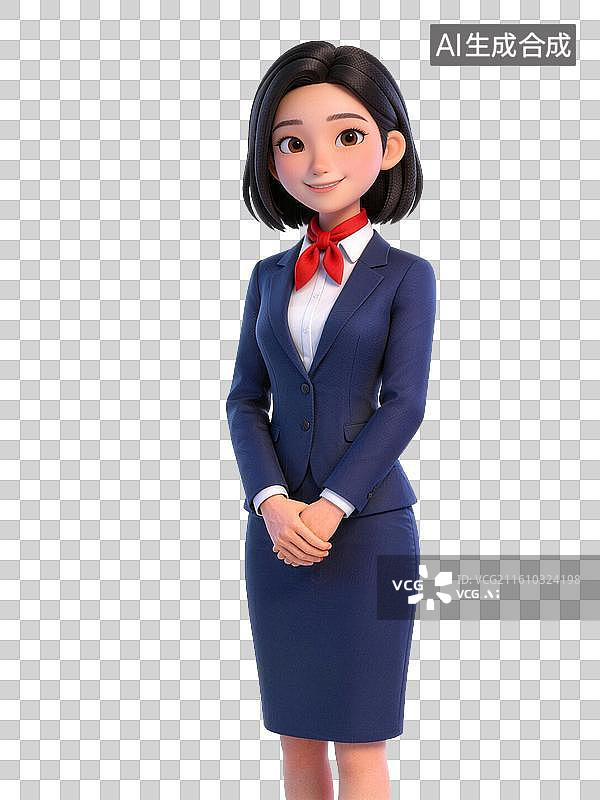 【AI数字艺术】一位穿着深蓝色西装和红色领结的卡通女性形象，双手交叉站立图片素材