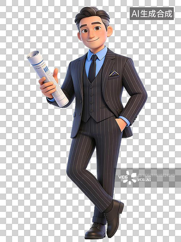 【AI数字艺术】一位穿着条纹西装的卡通人物手持卷轴，面带微笑，姿态自信图片素材
