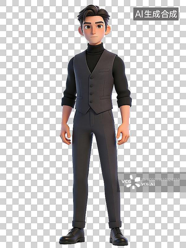 【AI数字艺术】一个穿着黑色西装马甲和高领毛衣的卡通人物站立着图片素材