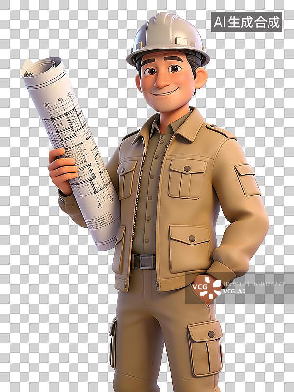 【AI数字艺术】一位穿着工作服和安全帽的工程师手持卷起的建筑图纸面带微笑图片素材