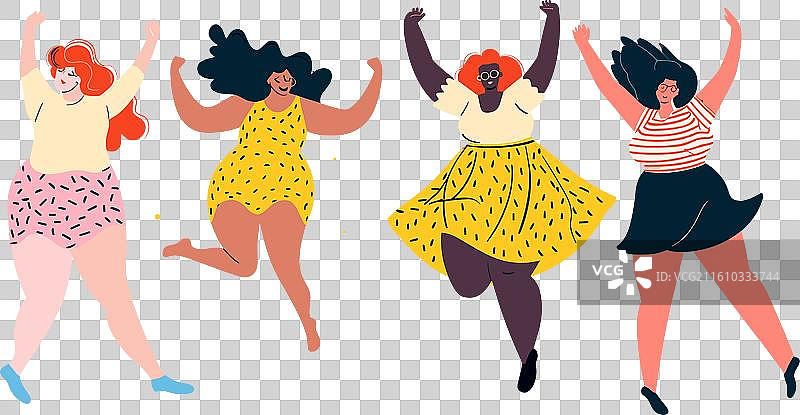 四位不同肤色的女性快乐地跳舞庆祝图片素材