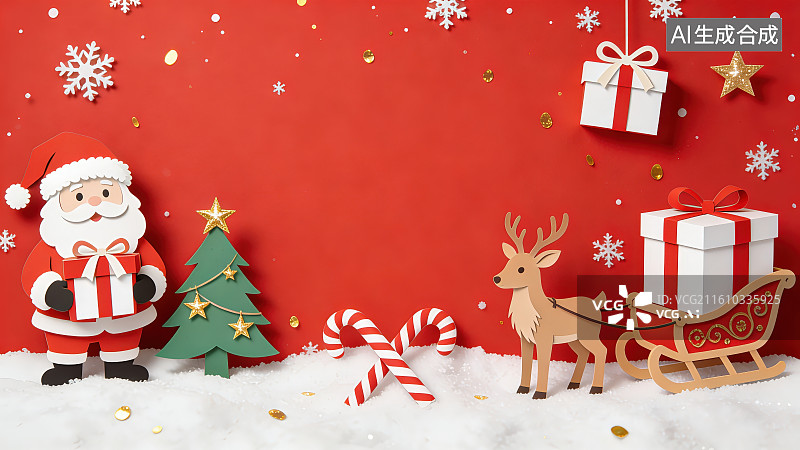 【AI数字艺术】红底圣诞剪纸风雪花圣诞老人驯鹿拉雪橇圣诞树礼盒装饰元素节日喜庆背景图片素材