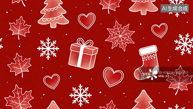 【AI数字艺术】红色背景下圣诞树雪花礼物盒袜子爱心叶子装饰元素图案，圣诞节日简约无缝图案背景图片素材