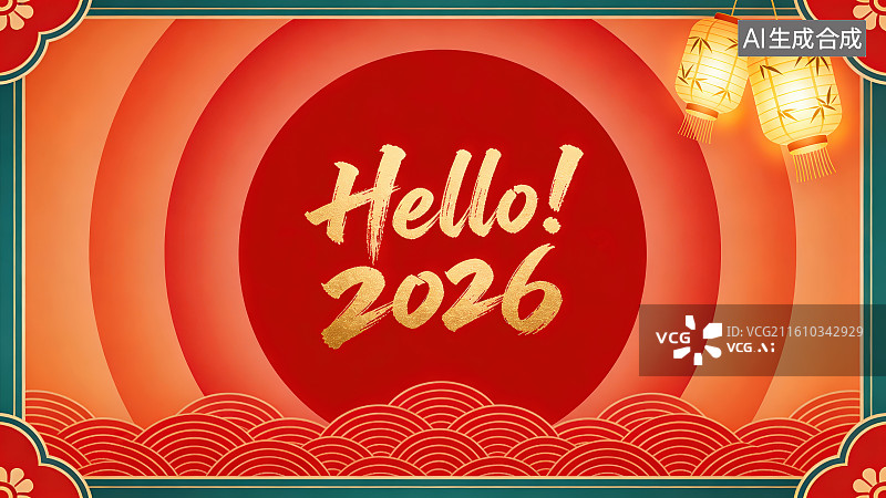 【AI数字艺术】你好2026元旦春节喜庆新年灯笼国潮装饰红色金色渐变背景图片素材