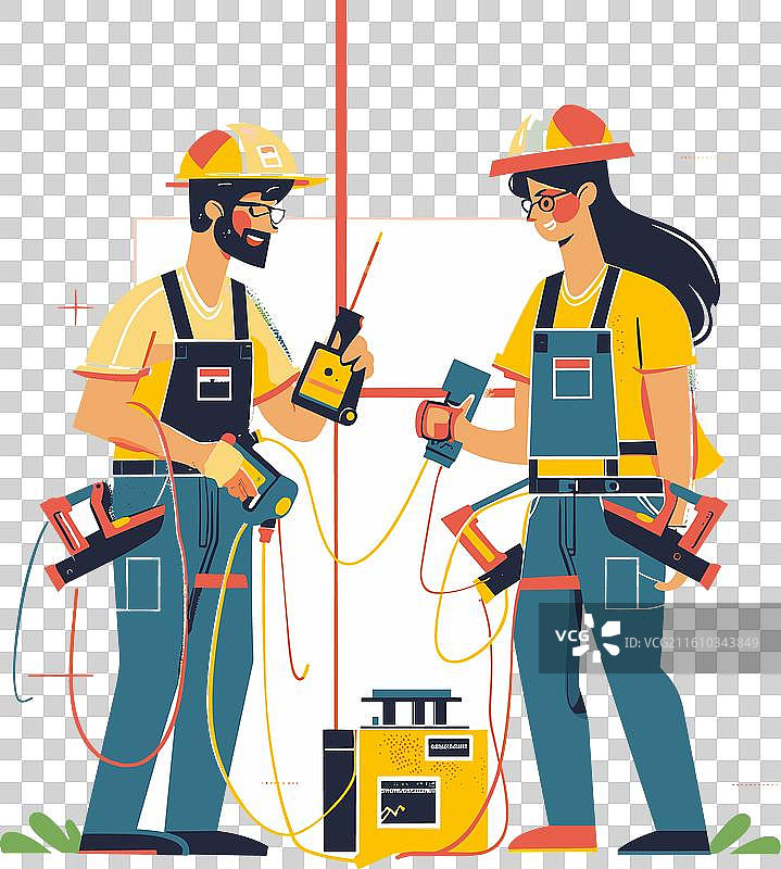 两个卡通建筑工人，一个男性，一个图片素材