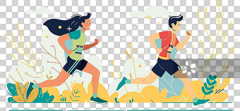 两个卡通人物在户外奔跑，其中一个角色是男性图片素材