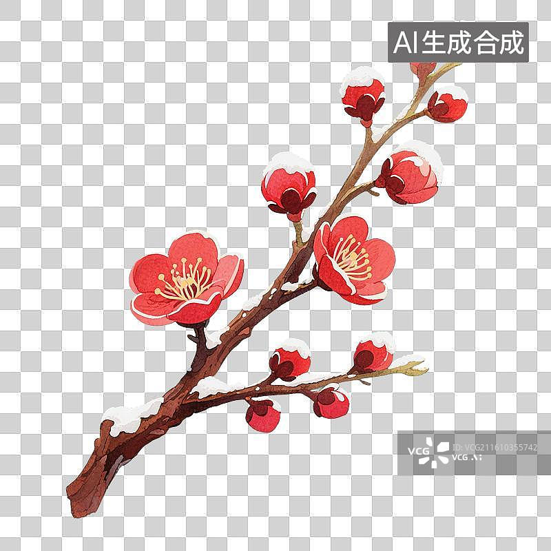 【AI数字艺术】国风手绘插画，雪中红梅，中国风喜庆的红梅，春节红色梅花，传统图案花纹，新年，插花免抠素材图片素材