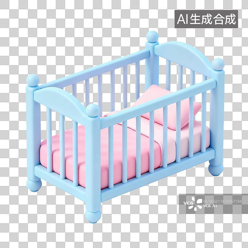 【AI数字艺术】3D渲染，卡通小床，婴儿床，新生儿，母婴，免抠元素图片素材