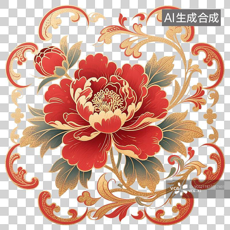 【AI数字艺术】中国风手绘插画，中国风牡丹花纹，团花纹，图案，牡丹，，免抠元素图片素材