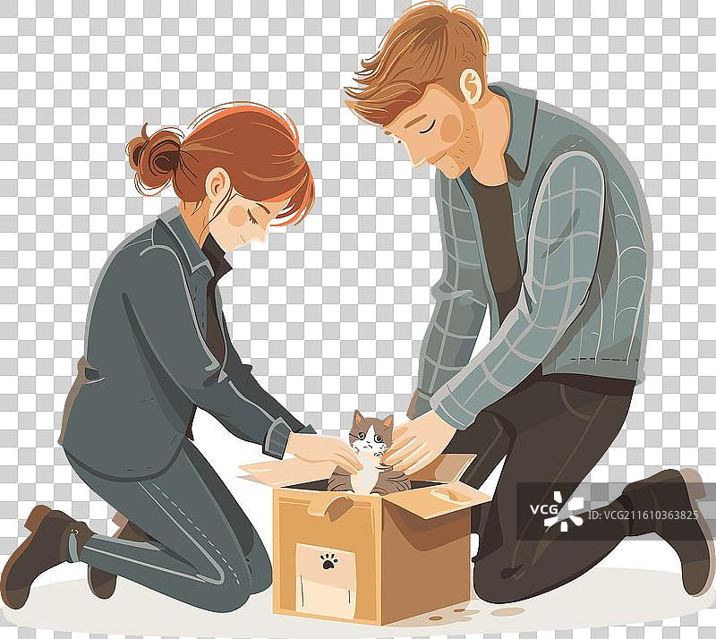 年轻人跪在打开的纸箱旁，里面有一只小猫图片素材