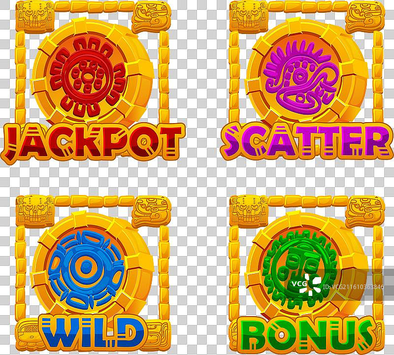 金色框架中的玛雅或阿兹特克符号，彩色图片素材