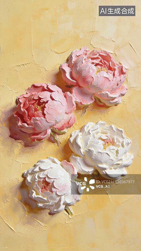 【AI数字艺术】黄底粉白牡丹油画艺术装饰背景素材图片素材