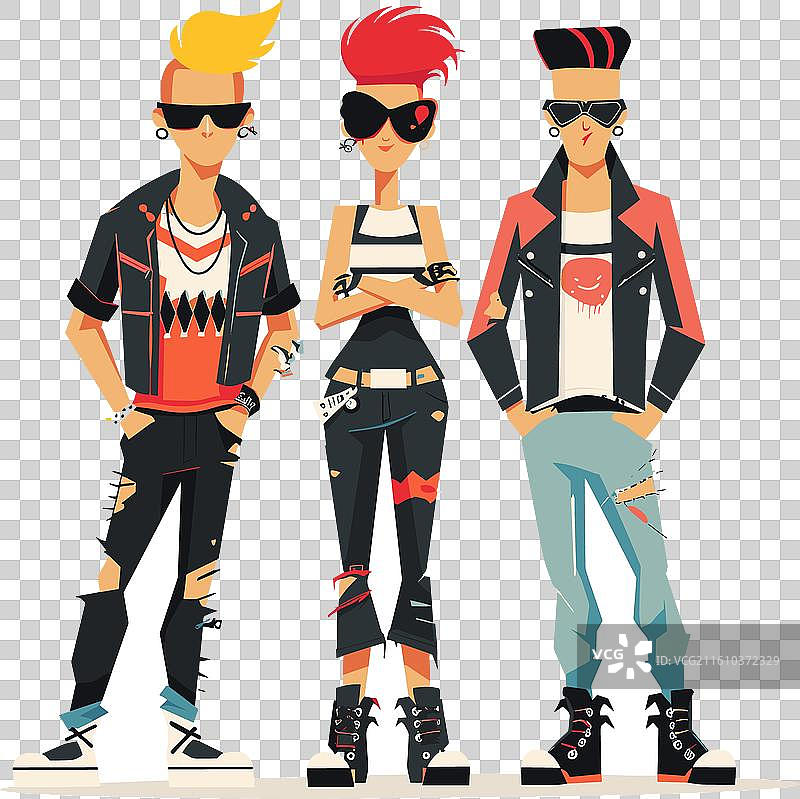 三个穿着朋克风格的年轻成年人站着图片素材