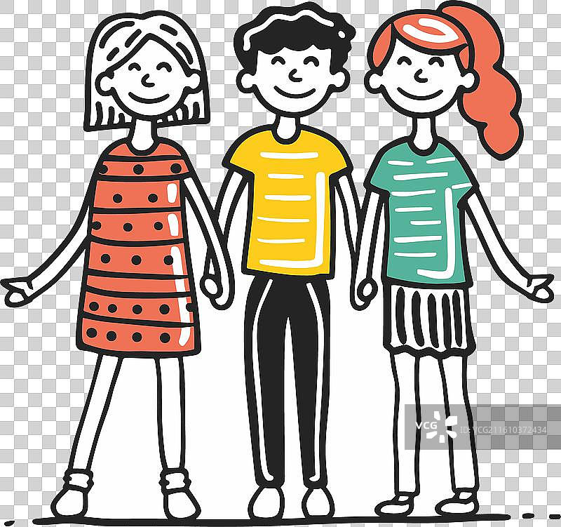 三个孩子站在一起，面带微笑，卡通风格图片素材