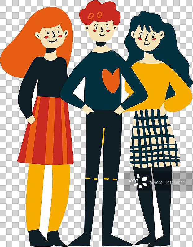 三位年轻的朋友站在一起，其中两位是女性图片素材