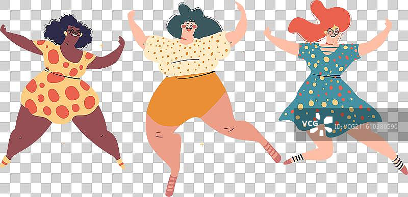 三位大码女性快乐地跳舞，色彩缤纷图片素材