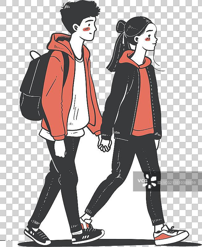 年轻情侣手牵手休闲装散步图片素材