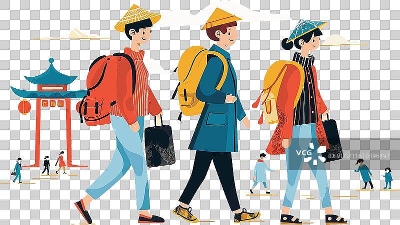 戴着亚洲传统帽子的三位旅行者图片素材