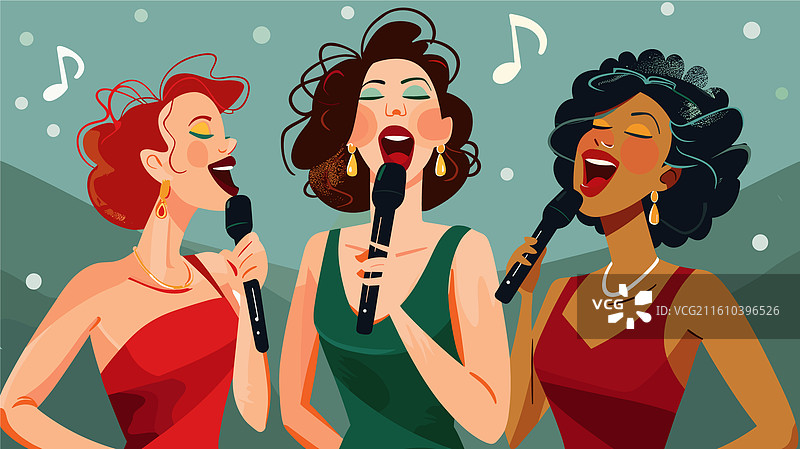 三名女性在音乐中快乐地对着麦克风唱歌图片素材