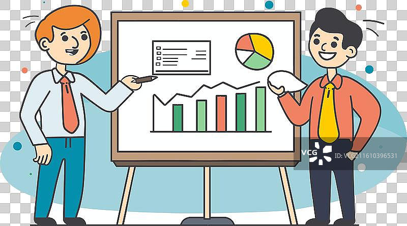 两位男同事正在讨论销售饼图图片素材