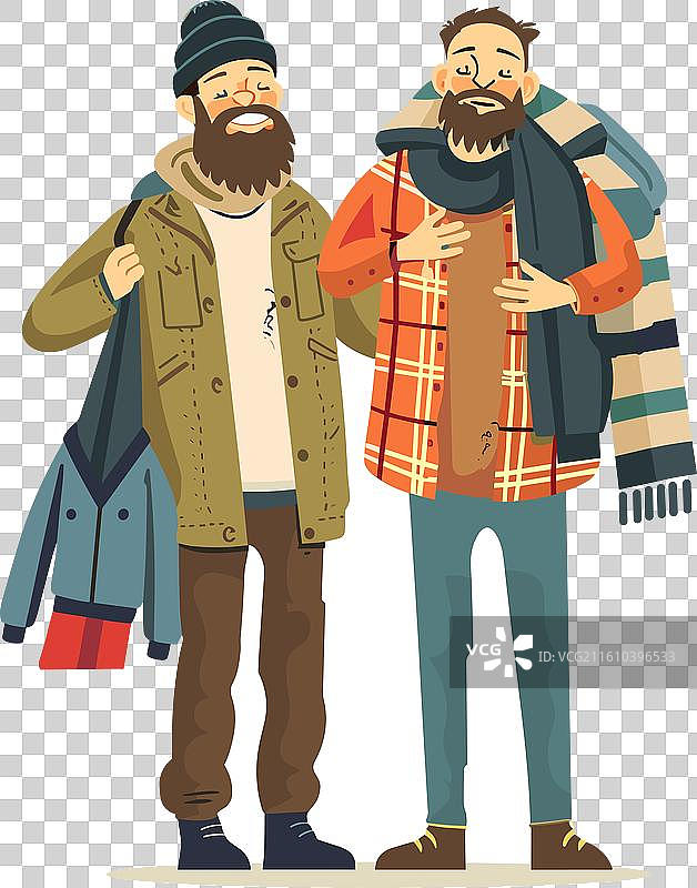 两位留着胡子的男士开心地交谈，都穿着夹克。图片素材