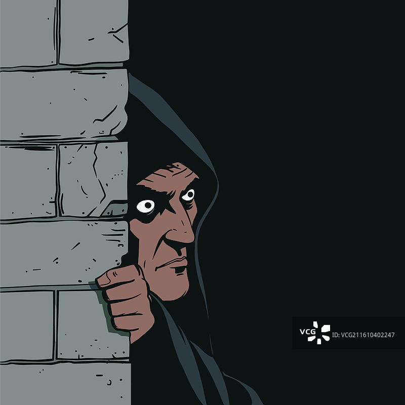 神秘男子躲在砖墙后面图片素材
