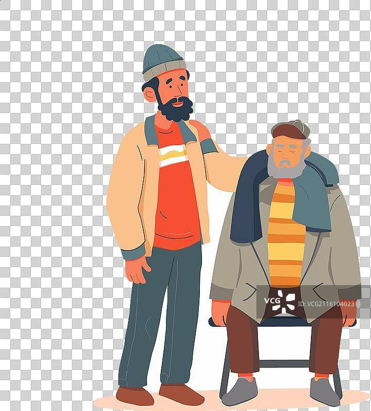 两个男人站着，其中一个年轻的戴着绒线帽图片素材