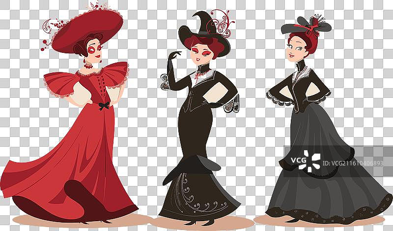优雅的女士们身着维多利亚时代的华丽服饰，尽情展示图片素材