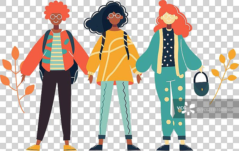 三个穿着彩色毛衣的朋友站在一起图片素材