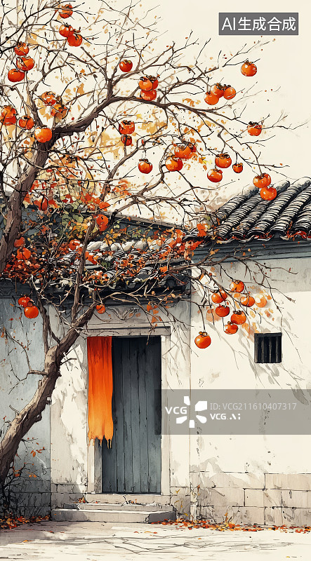 【AI数字艺术】国风插画农家院前的柿子树图片素材