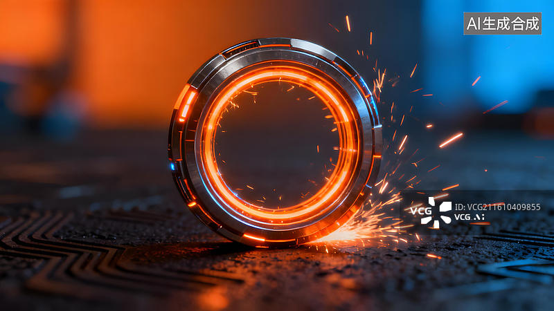 【AI数字艺术】发光环形装置产生火花图片素材