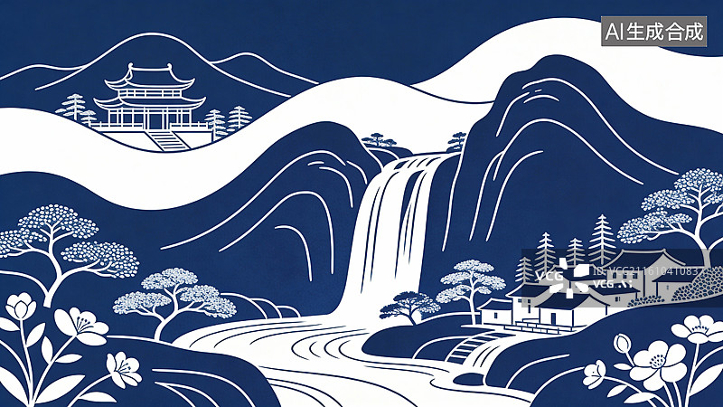 【AI数字艺术】中国蓝白山水剪纸艺术图片素材
