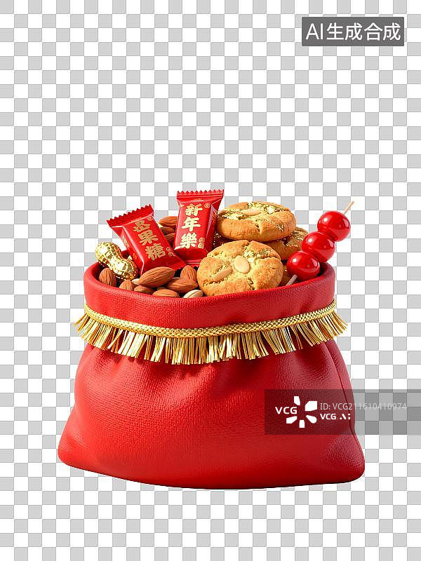 【AI数字艺术】红色福袋装满糖果饼干年货图片素材