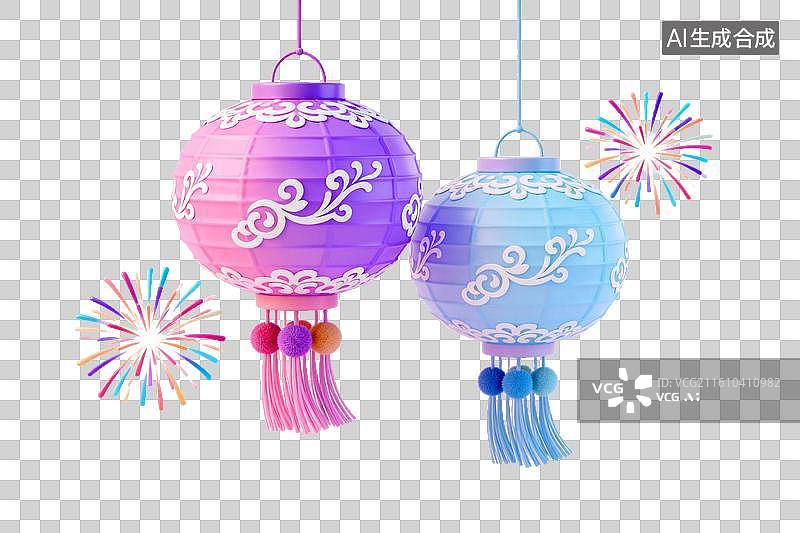 【AI数字艺术】紫色蓝色灯笼配烟花装饰图片素材