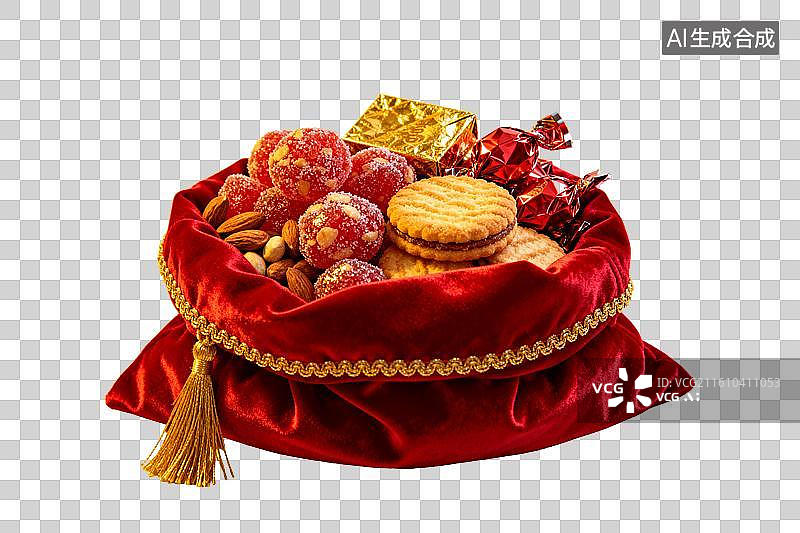 【AI数字艺术】红色丝绒袋装满糖果饼干坚果图片素材