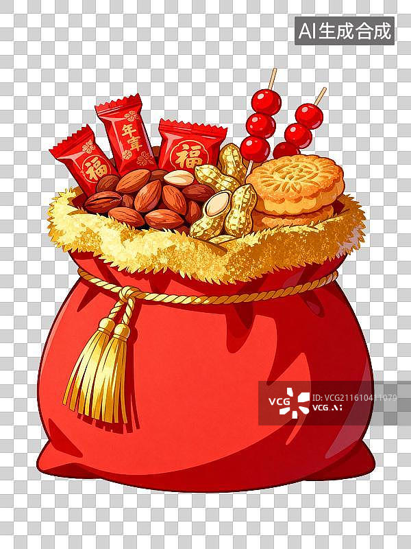 【AI数字艺术】红色福袋装满传统节庆零食图片素材